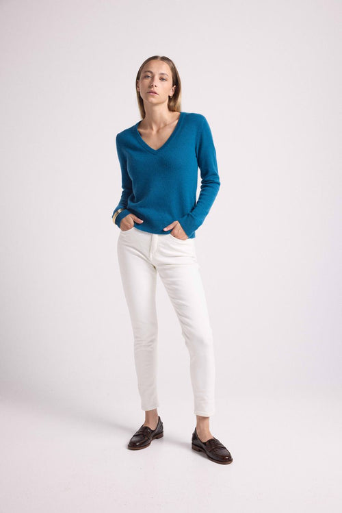 Pull Col V Zefina - Bleu Peacock - 100% Cachemire Oeko-Tex - Femme