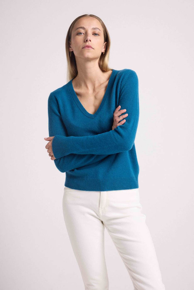 Pull Col V Zefina - Bleu Peacock - 100% Cachemire Oeko-Tex - Femme