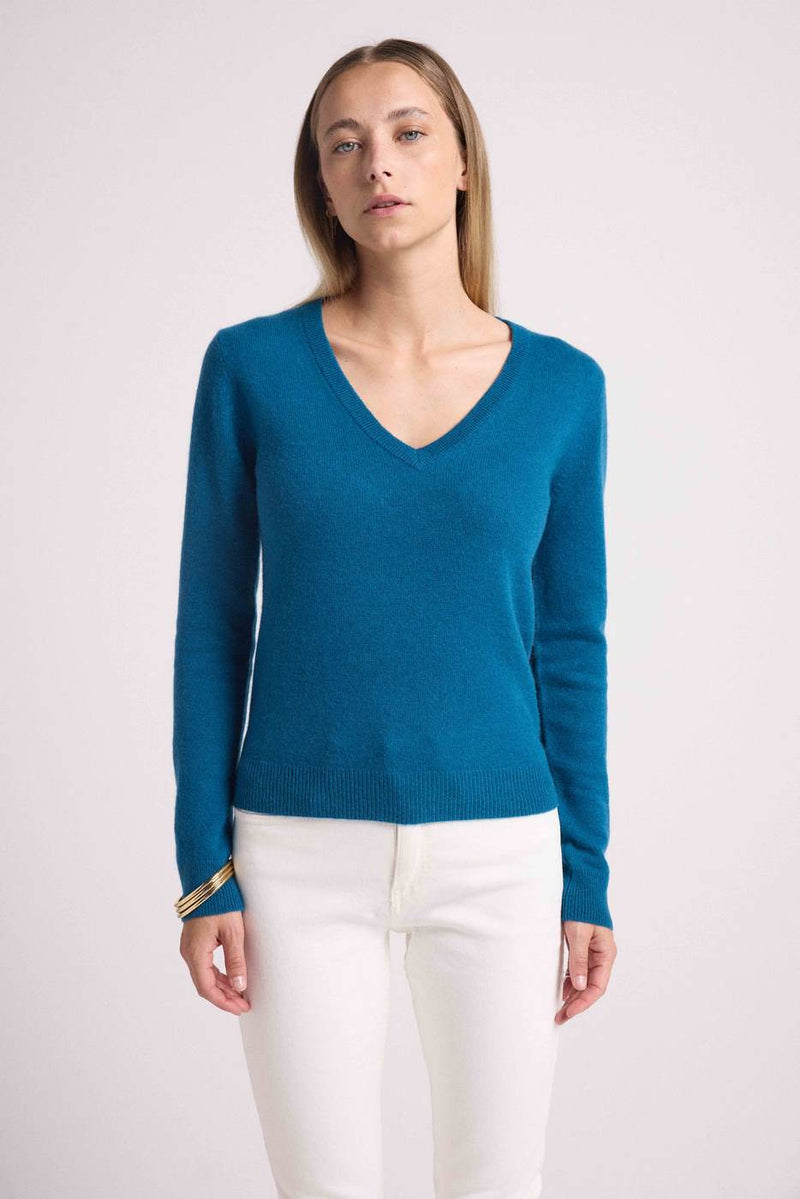 Pull Col V Zefina - Bleu Peacock - 100% Cachemire Oeko-Tex - Femme