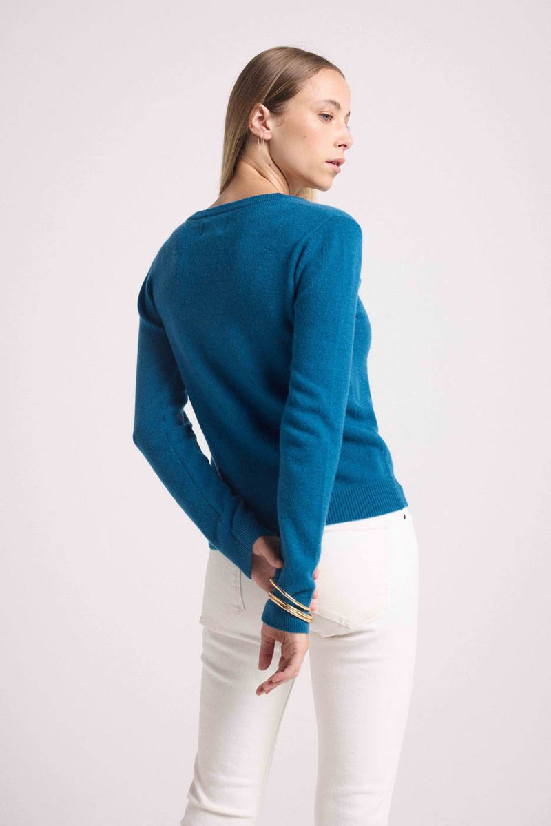 Pull Col V Zefina - Bleu Peacock - 100% Cachemire Oeko-Tex - Femme