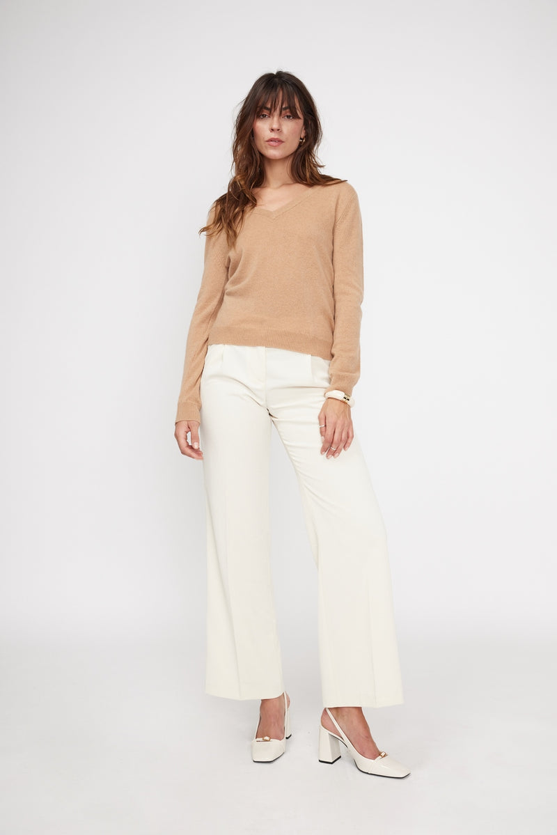 Pull Col V Zefina - Beige - 100% Cachemire Oeko-Tex - Femme