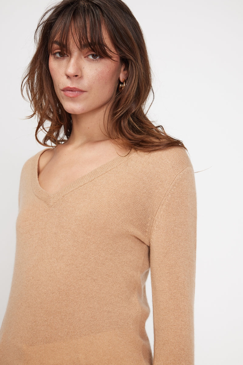 Pull Col V Zefina - Beige - 100% Cachemire Oeko-Tex - Femme