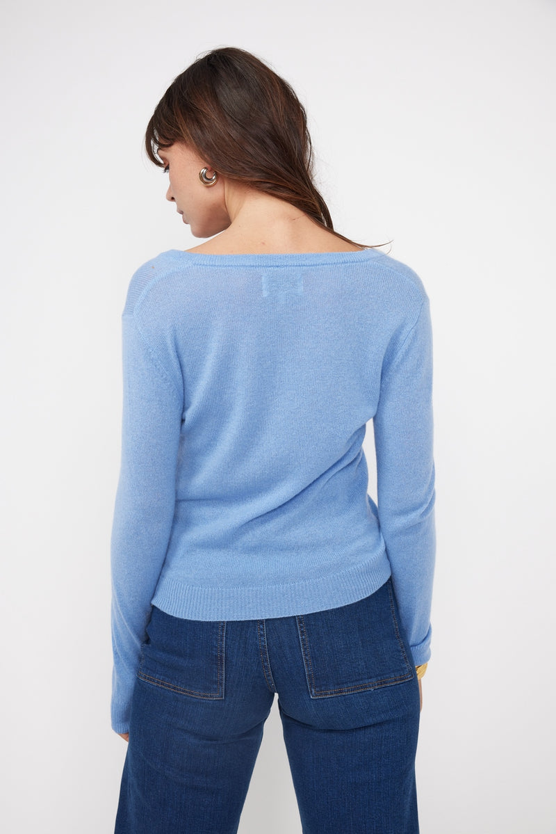 Pull Col V Zefina - Bleu Ciel - 100% Cachemire Oeko-Tex - Femme