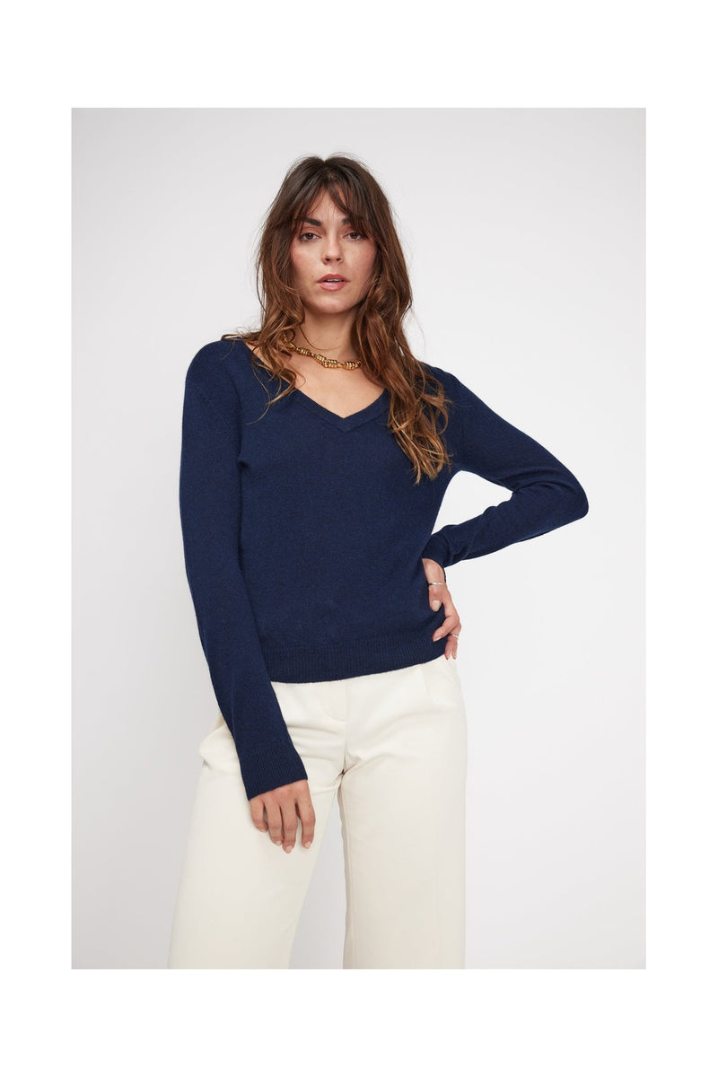 Pull Col V Zefina - Bleu Marine - 100% Cachemire Oeko-Tex - Femme