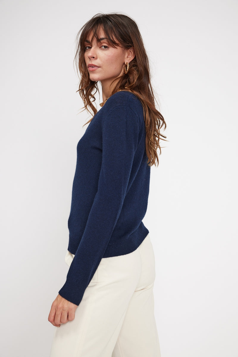 Pull Col V Zefina - Bleu Marine - 100% Cachemire Oeko-Tex - Femme