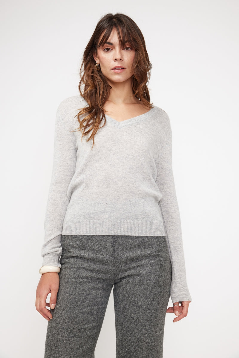 Pull Col V Zefina - Gris Perle - 100% Cachemire Oeko-Tex - Femme