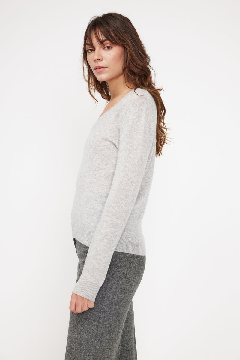 Pull Col V Zefina - Gris Perle - 100% Cachemire Oeko-Tex - Femme