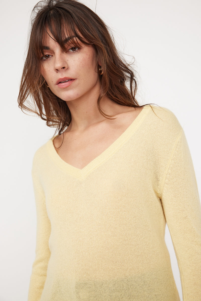 Zefina V-Neck Sweater - Yellow - 100% Cashmere Oeko-Tex - Woman