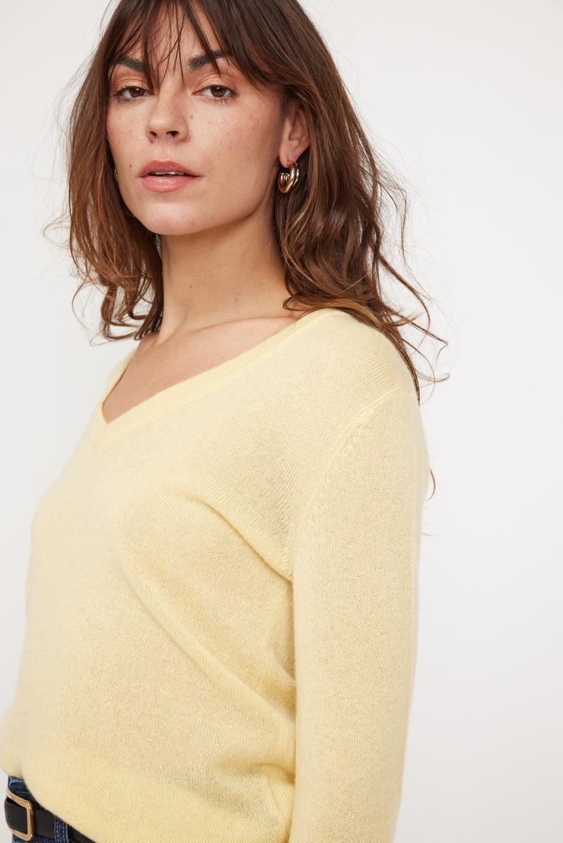 Zefina V-Neck Sweater - Yellow - 100% Cashmere Oeko-Tex - Woman