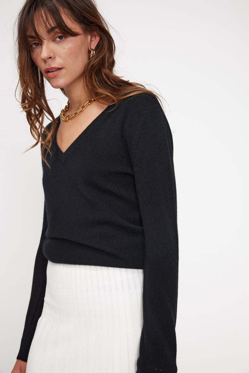 Pull Col V Zefina - Noir - 100% Cachemire Oeko-Tex - Femme