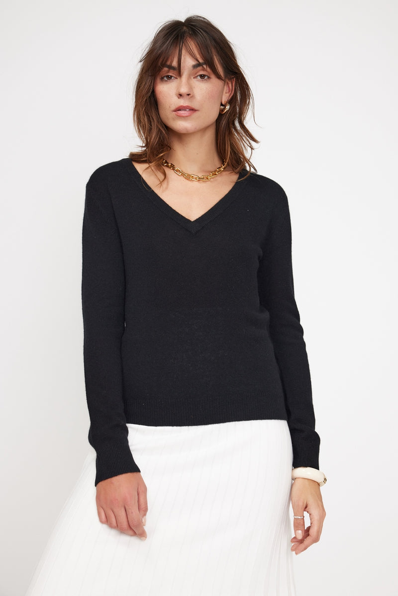 Pull Col V Zefina - Noir - 100% Cachemire Oeko-Tex - Femme