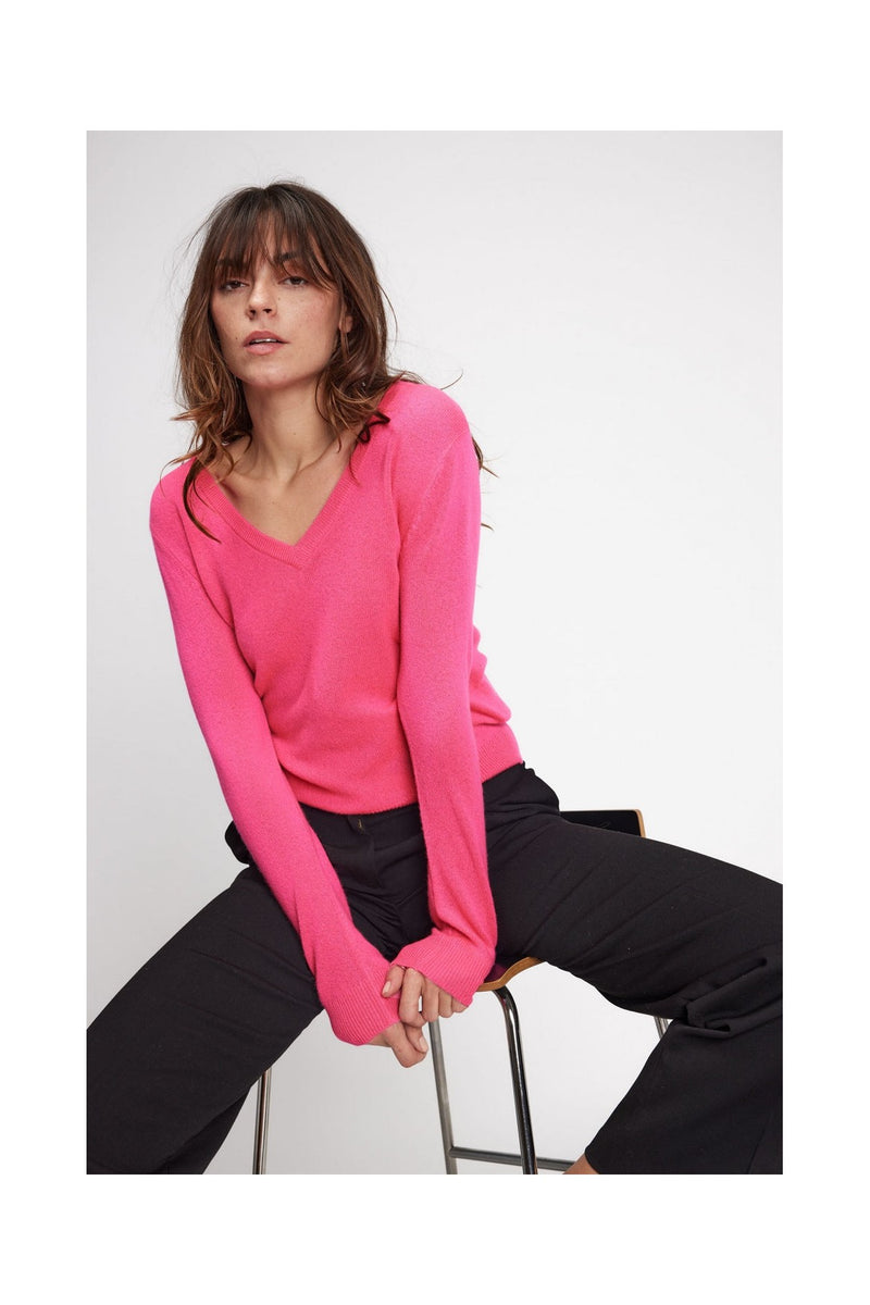 Pull Col V Zefina - Rose Fluo - 100% Cachemire Oeko-Tex - Femme