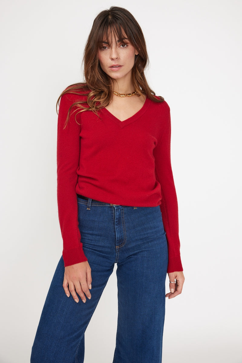 Pull Col V Zefina - Rouge - 100% Cachemire Oeko-Tex - Femme