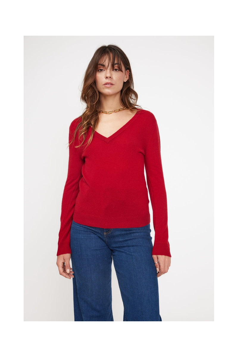 Pull Col V Zefina - Rouge - 100% Cachemire Oeko-Tex - Femme