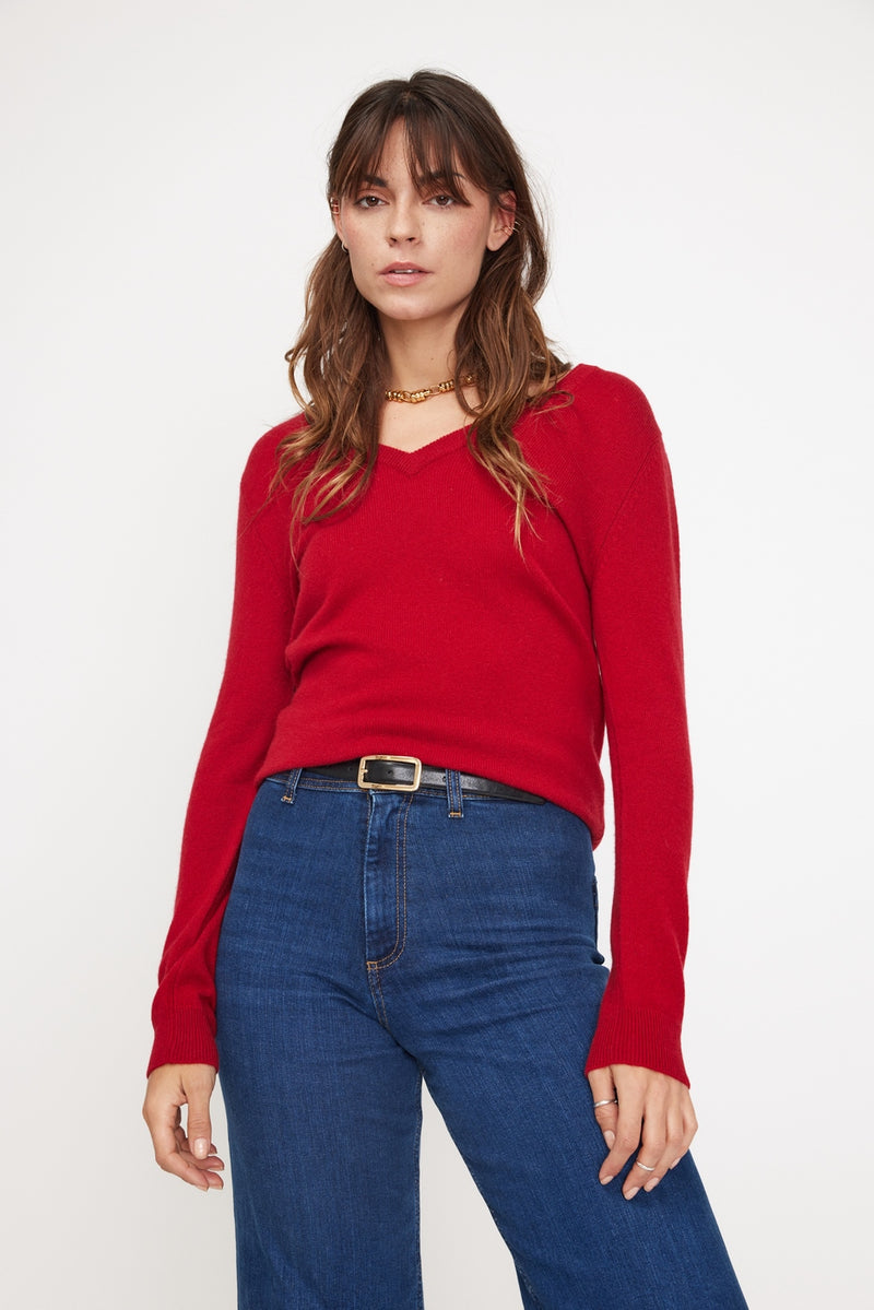 Pull Col V Zefina - Rouge - 100% Cachemire Oeko-Tex - Femme