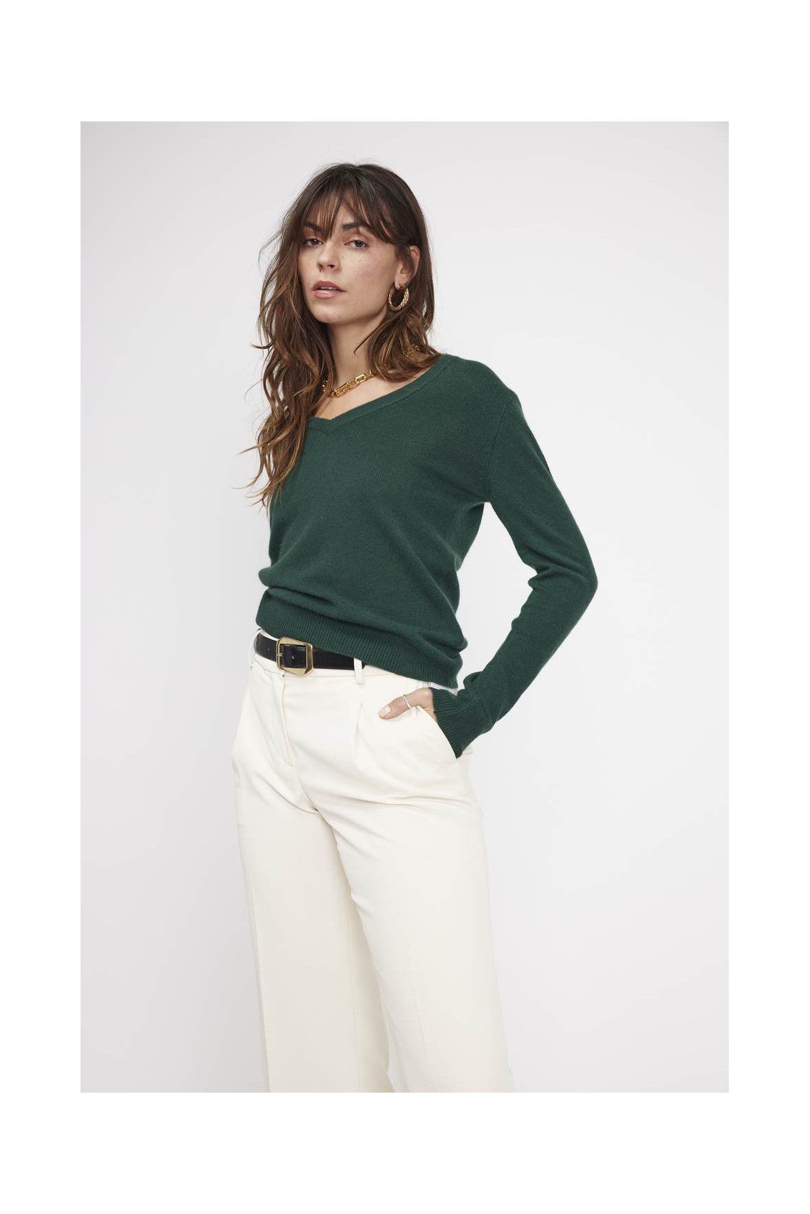 Pull Col V Zefina - Vert Bouteille