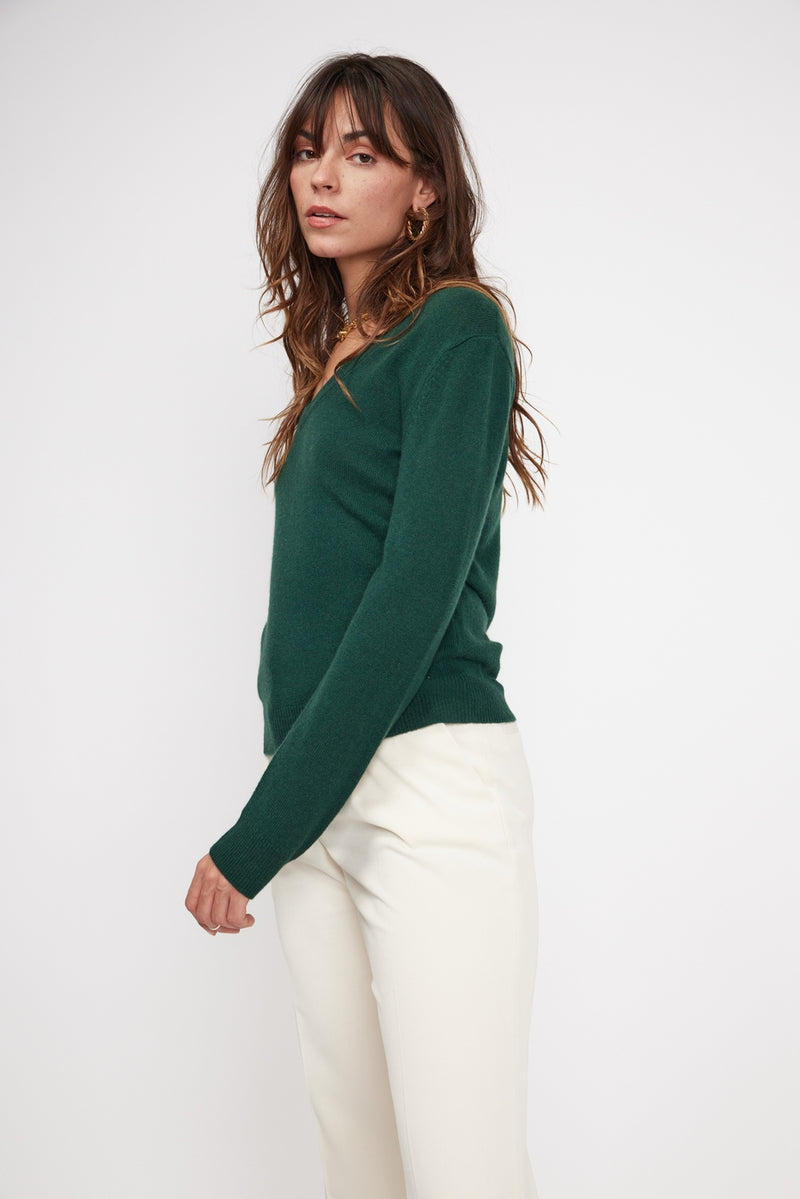 Pull Col V Zefina - Vert Sapin - 100% Cachemire Oeko-Tex - Femme