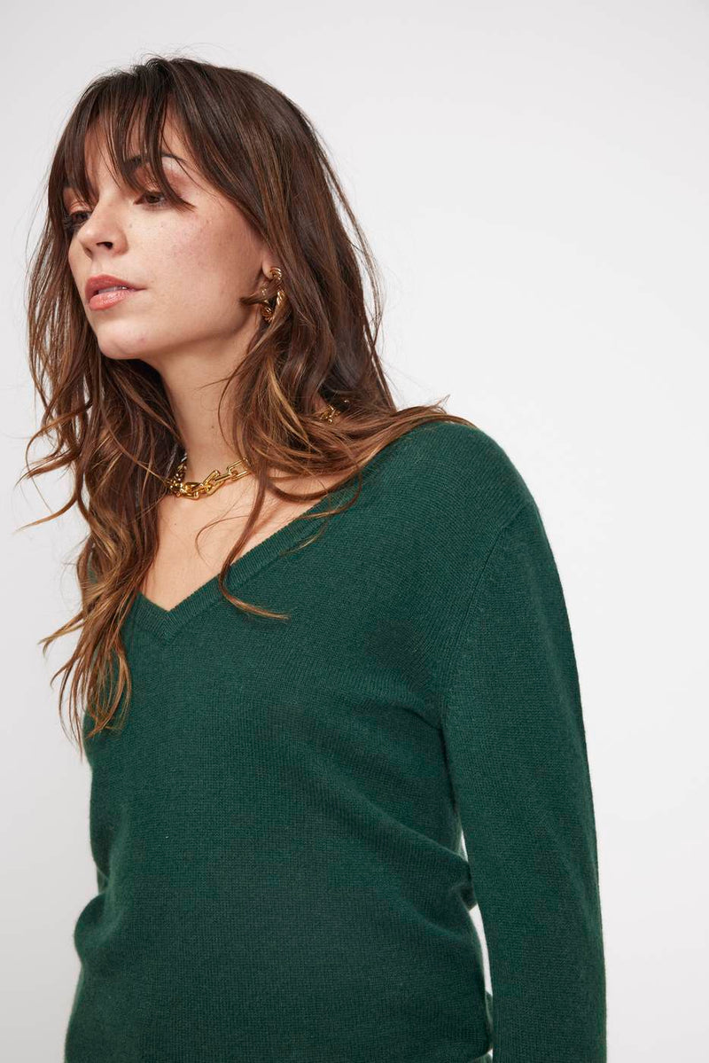 Pull Col V Zefina - Vert Sapin - 100% Cachemire Oeko-Tex - Femme