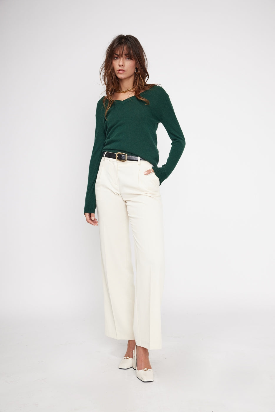 Pull Col V Zefina - Vert Bouteille