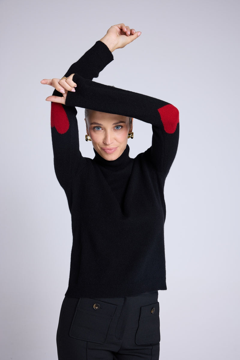 Pull Col Roule Coeur Coudes Zelly - Noir Rouge