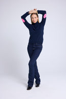 Pull Col Roule Coeur Coudes Zelly - Bleu Marine Rose Fluo