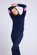 Pull Col Roule Coeur Coudes Zelly - Bleu Marine Rose Fluo