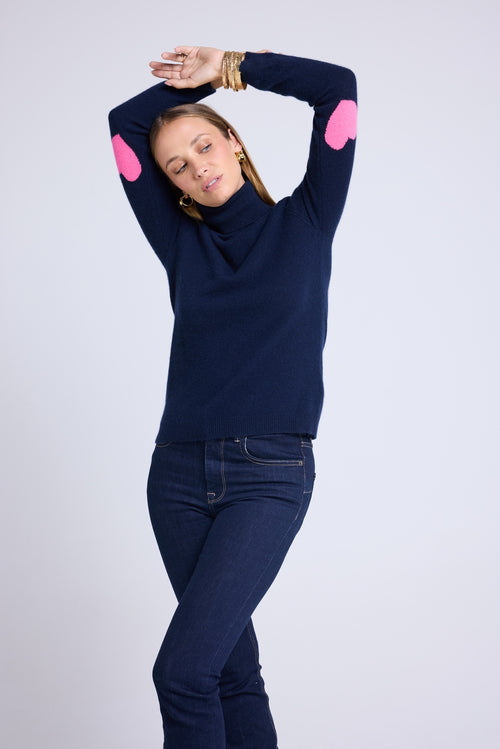 Pull Col Roule Coeur Coudes Zelly - Bleu Marine Rose Fluo