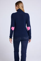 Maglione Collo Alto Cuore Gomiti Zelly - Blu Marino Rosa Fluo
