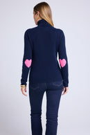 Pull Col Roule Coeur Coudes Zelly - Bleu Marine Rose Fluo
