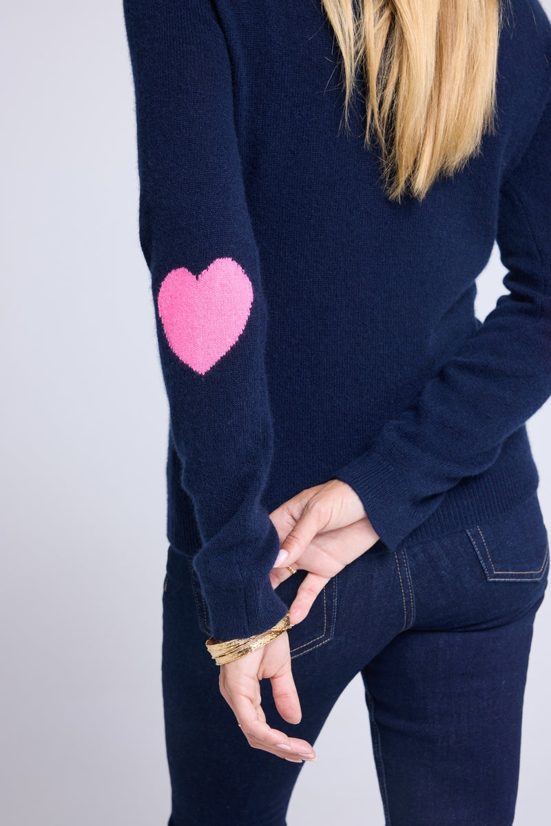 Pull Col Roule Coeur Coudes Zelly - Bleu Marine Rose Fluo