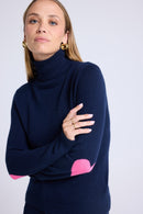 Pull Col Roule Coeur Coudes Zelly - Bleu Marine Rose Fluo
