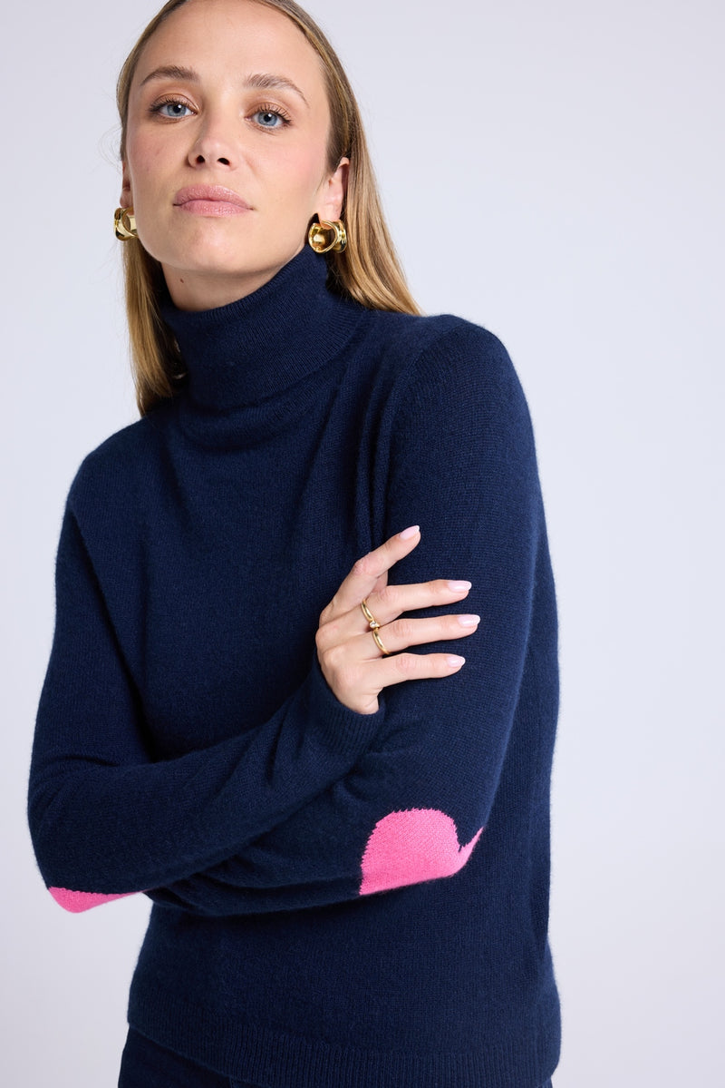 Pull Col Roule Coeur Coudes Zelly - Bleu Marine Rose Fluo
