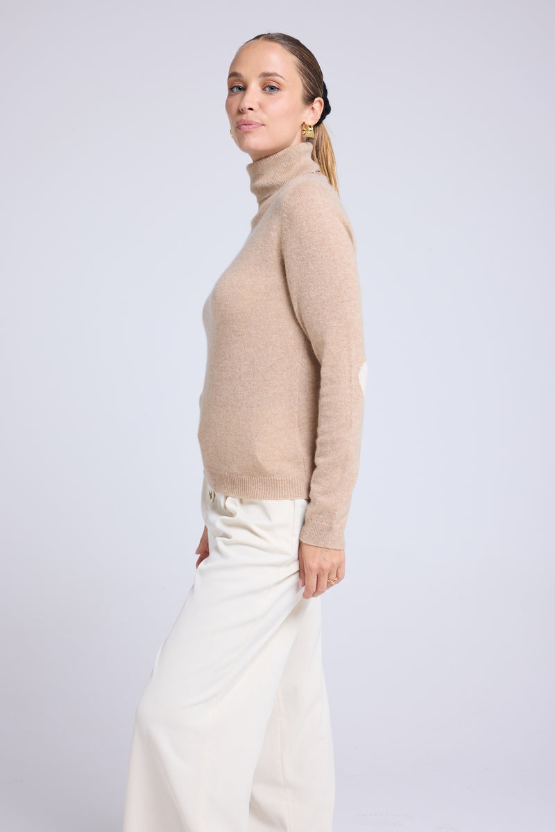 Pull Col Roule Coeur Coudes Zelly - Beige Crème Blanc