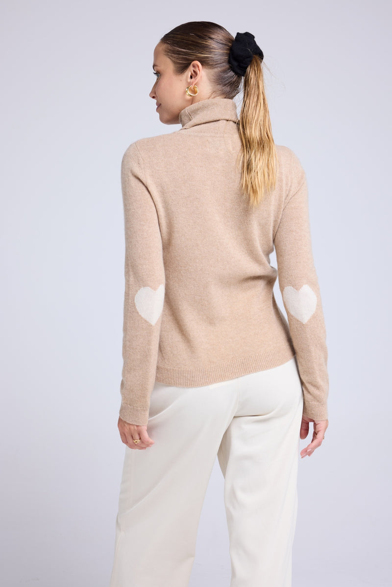 Pull Col Roule Coeur Coudes Zelly - Beige Crème Blanc