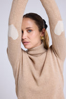 Pull Col Roule Coeur Coudes Zelly - Beige Crème Blanc