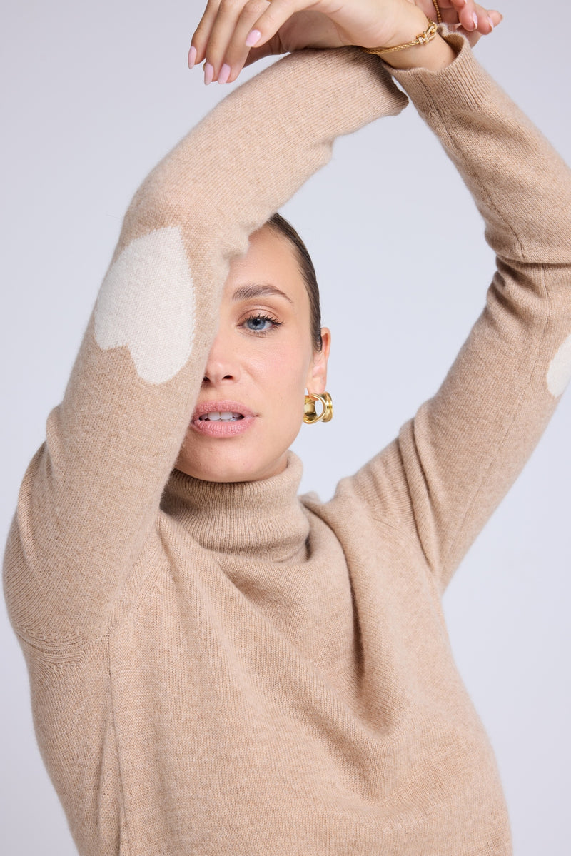 Pull Col Roule Coeur Coudes Zelly - Beige Crème Blanc