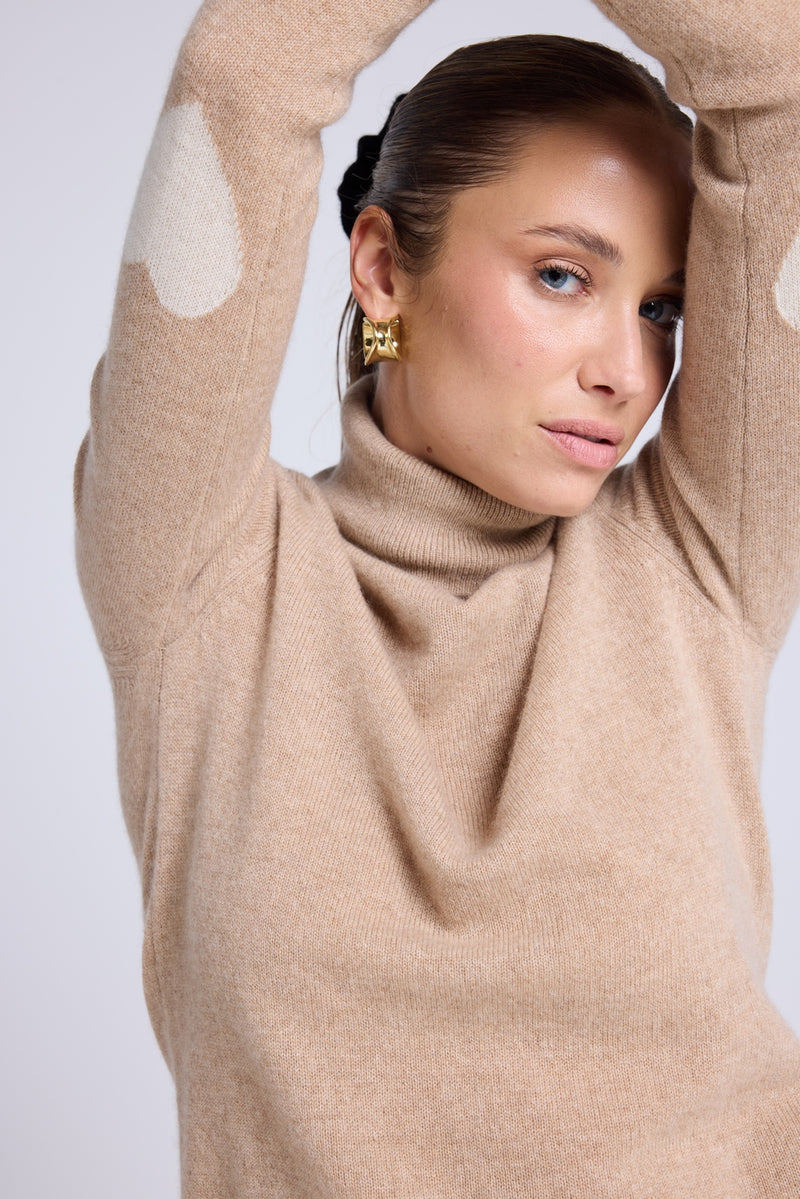 Pull Col Roule Coeur Coudes Zelly - Beige Crème Blanc