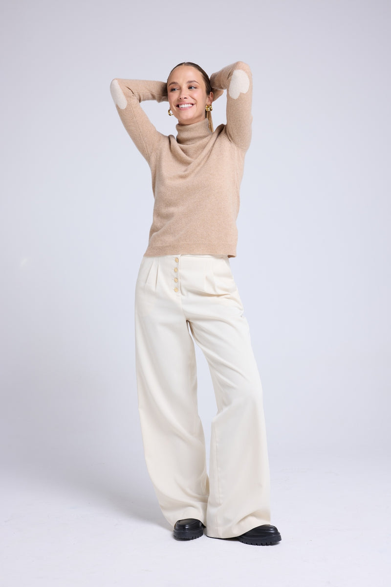 Pull Col Roule Coeur Coudes Zelly - Beige Crème Blanc