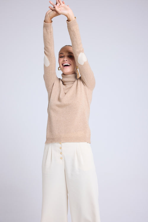 Pull Col Roule Coeur Coudes Zelly - Beige Crème Blanc