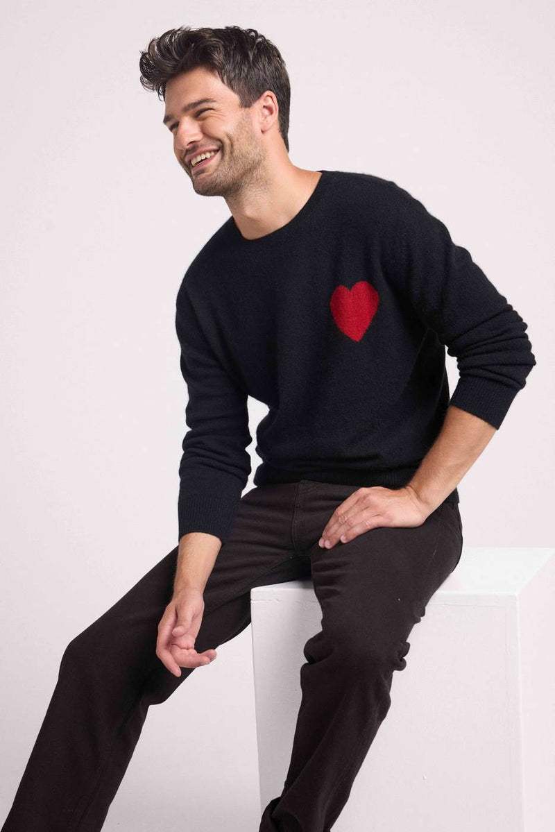 Pull Col Rond Love Heritage Zemir - Noir Cœur Rouge - 100% Cachemire Oeko-Tex - Homme