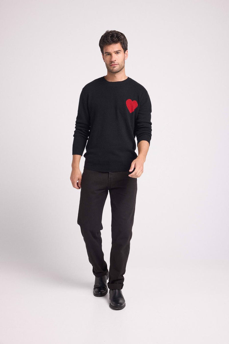 Pull Col Rond Love Heritage Zemir - Noir Cœur Rouge - 100% Cachemire Oeko-Tex - Homme