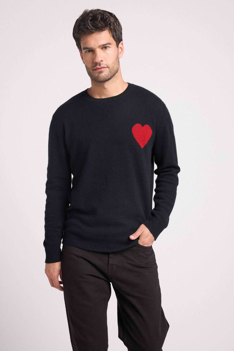 Pull Col Rond Love Heritage Zemir - Noir Cœur Rouge - 100% Cachemire Oeko-Tex - Homme