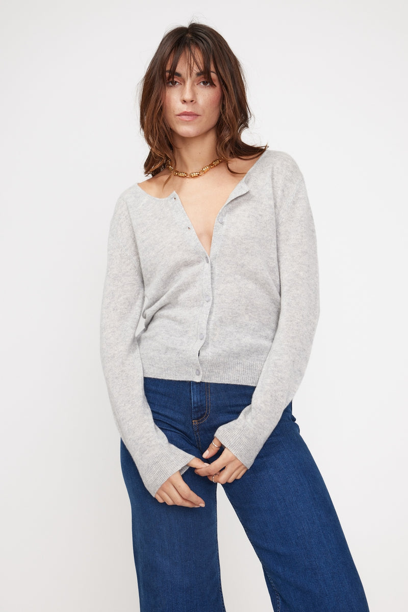 Pull Réversible A Boutons Zenia - Gris Perle - 100% Cachemire Oeko-Tex - Femme