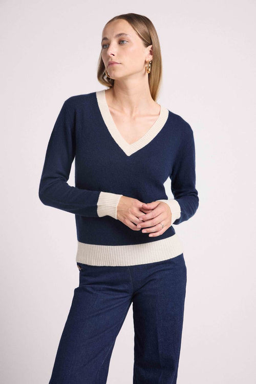 Pull Col V Rib Couleur Zephana - Bleu Marine Blanc