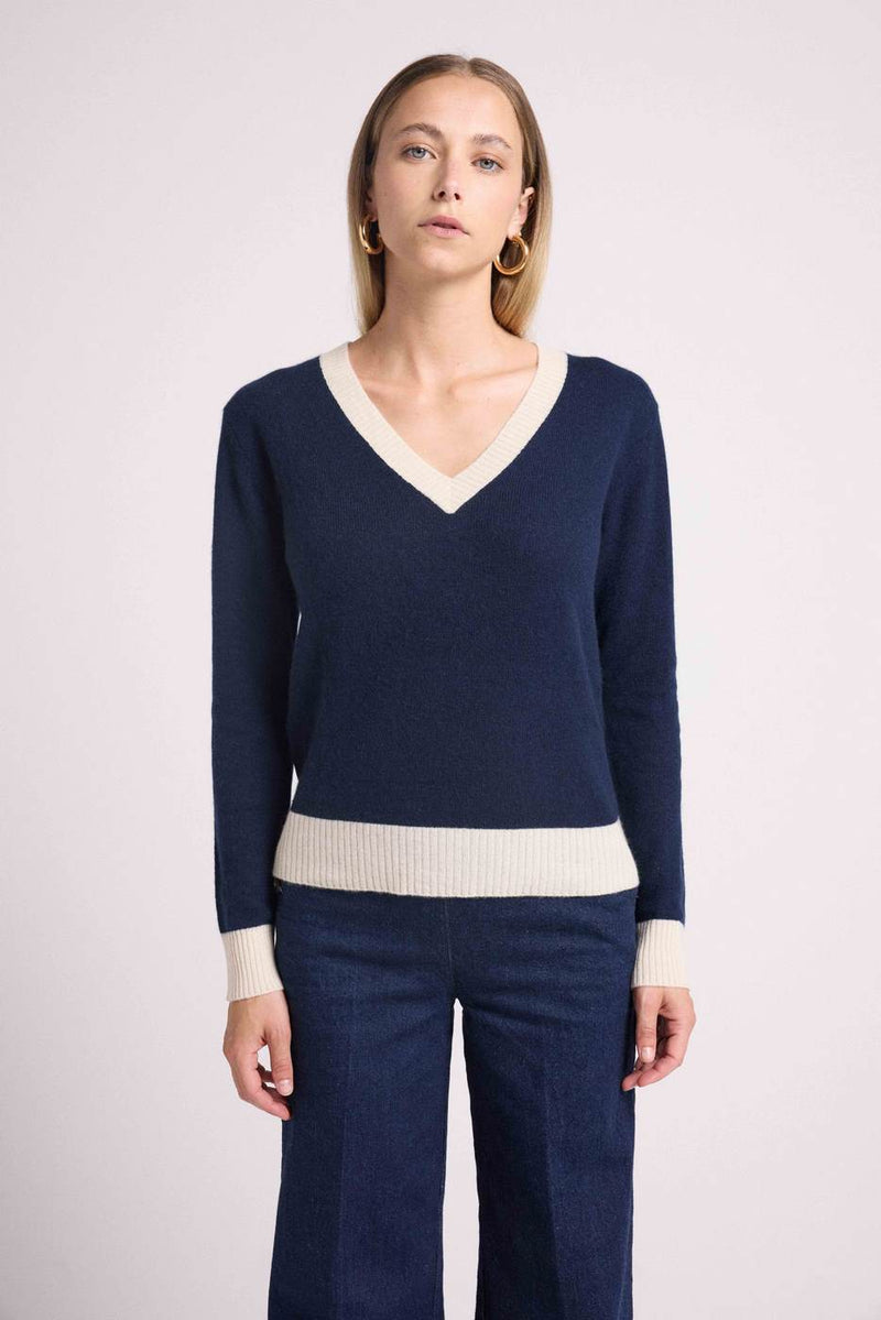 Pull Col V Rib Couleur Zephana - Bleu Marine Blanc