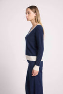 Pull Col V Rib Couleur Zephana - Bleu Marine Blanc