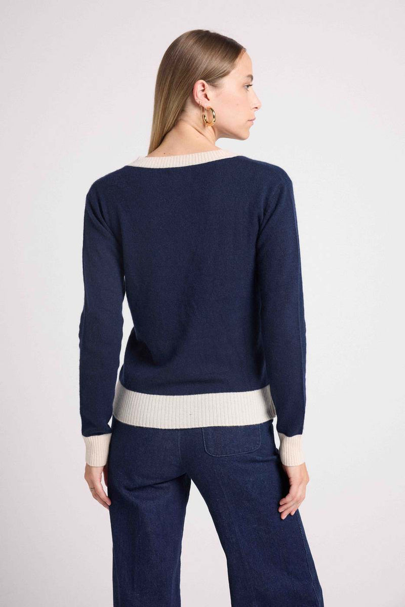 Pull Col V Rib Couleur Zephana - Bleu Marine Blanc