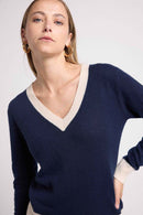 Pull Col V Rib Couleur Zephana - Bleu Marine Blanc