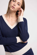 Pull Col V Rib Couleur Zephana - Bleu Marine Blanc