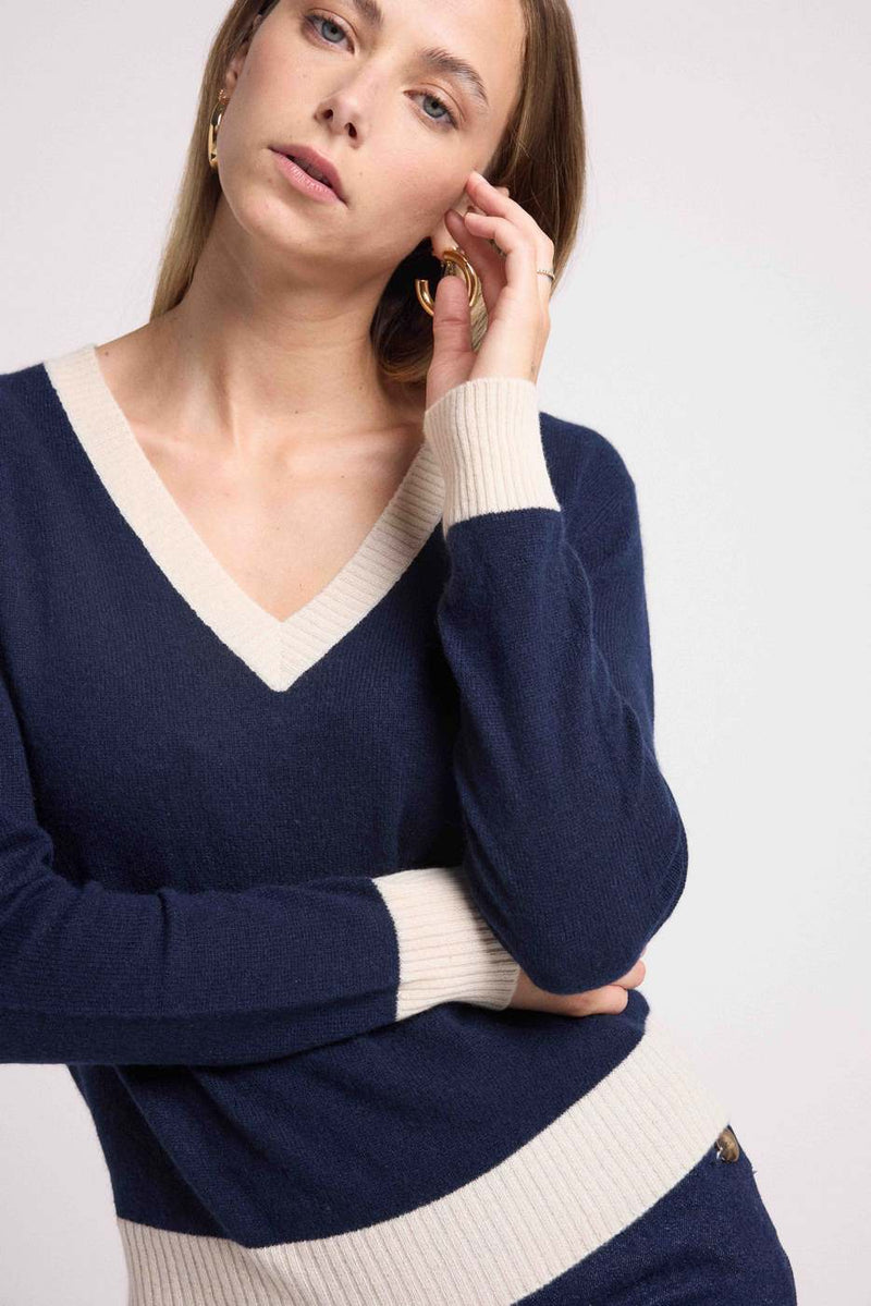 Pull Col V Rib Couleur Zephana - Bleu Marine Blanc